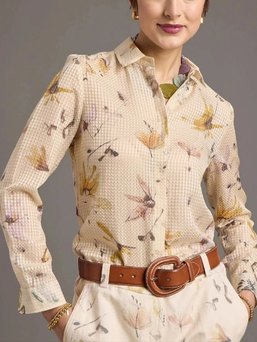 QL2 Giulia Juta Floral Printed Silk Cotton Button Up LS Shirt